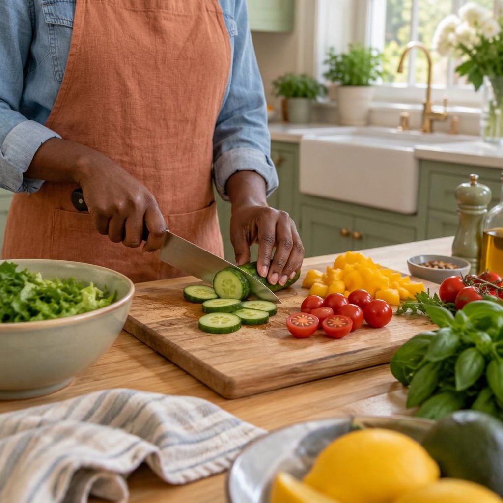 Des légumes frais coupés sur une planche dans une cuisine familiale
