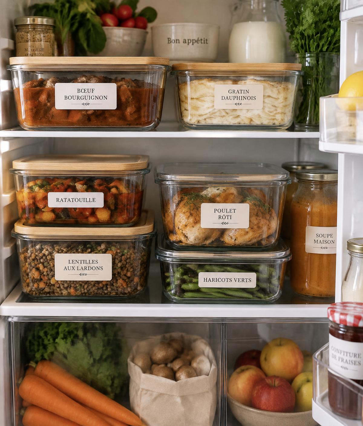 Plats maison portionnés dans des boîtes en verre étiquetées, rangés au réfrigérateur