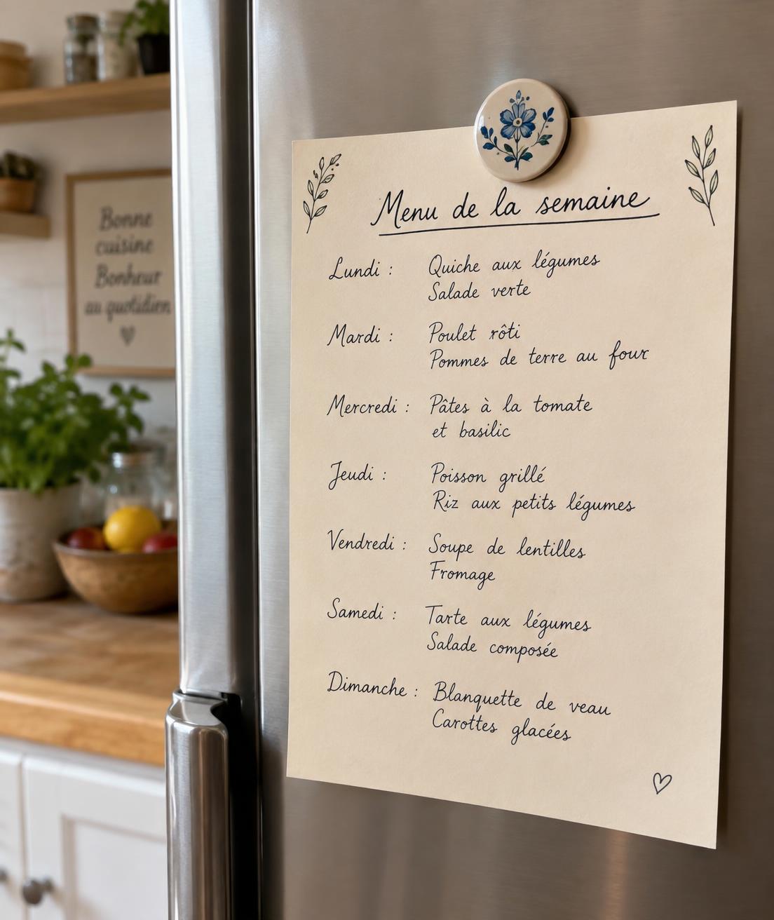 Menu de la semaine écrit à la main sur la porte du réfrigérateur